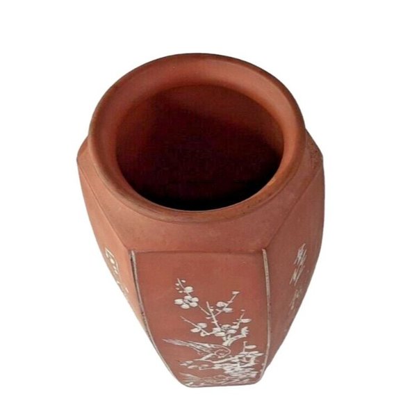 Vintage Handmade Chinese Vase Birds Floral Design Pottery Red Brown Hexagon 8.5" - Picture 8 of 10